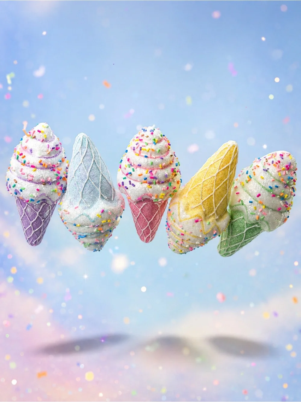Set of 5 Glitter Foam Ice Cream Cone Christmas Tree Decorations Sprinkles Candy